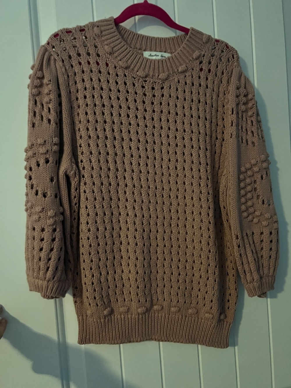 Another Love Open-Knit Crewneck Sweater in Taupe